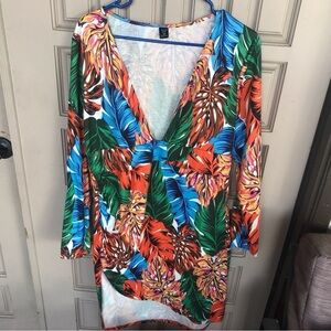 Plus Pretty Shein Dress Sz1XL Tropical Print Raised Hem Deep V Neck Long Sleeves